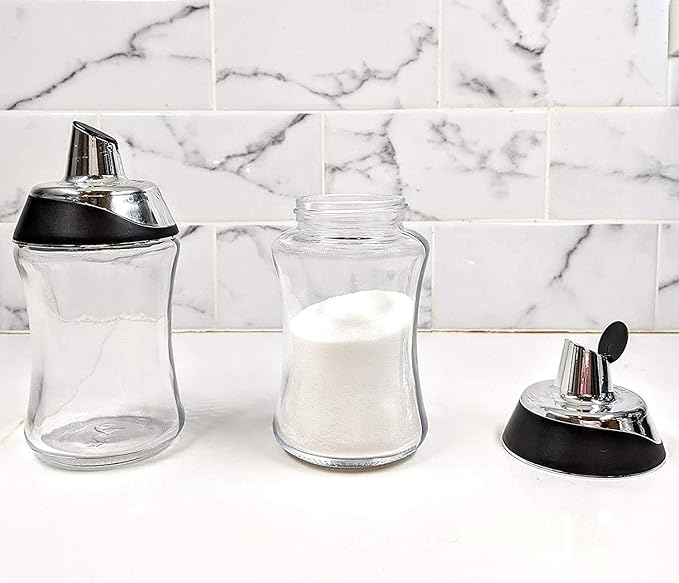 J&M Design 2-Pack Sugar Dispenser & Shaker For Coffee, Cereal, Tea & Baking with Pour Spout and Lid for Easy Spoon Measuring Pouring - 7.5oz Glass Jar Container - Coffee Bar Accessories & Essentials
