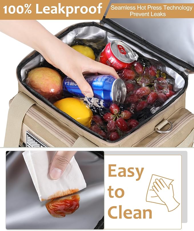 Tactical Lunch Box for Men, Expandable Large Insulated Lunch Bag for Adult, Heavy Duty Double Deck Lunch Cooler Bag Leakproof Waterproof Lunch Tote for Work Office Travel- Sandy