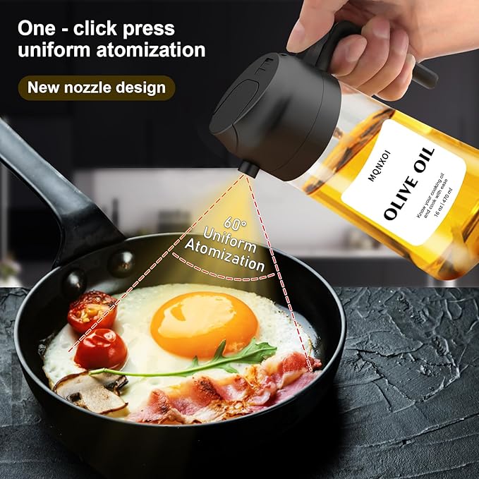2 in 1 Glass Oil Sprayer & Dispenser,16oz/470ml Olive Cooking, Air Fryer, and Salad, for Kitchen Gadgets and Air Fryer Accessories, w/Stickers (Black + White Bottle 2)