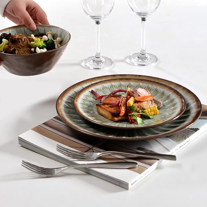 Melamine Dinnerware Sets for 4,12 Pcs Party Plates and Bowls Sets,Outdoor Use Harvest Dinner Dishes Set,Great for RVs Camping,Lightweight Unbreakable,Dishwasher Safe,Sage Green