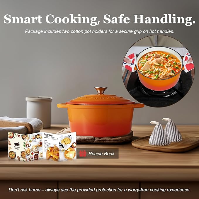 Overmont Enameled Cast Iron Dutch Oven - 4.5QT Pot with Lid Cookbook & Cotton Potholders - Heavy-Duty Cookware for Braising, Stews, Roasting, Bread Baking orange