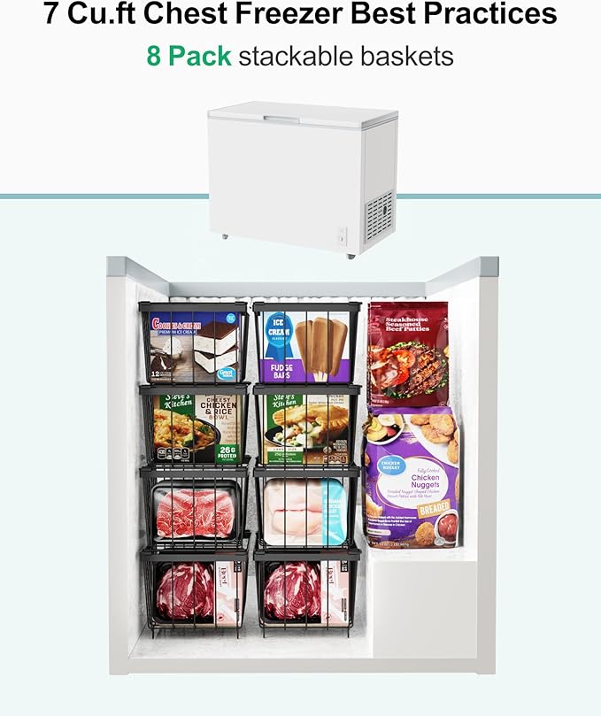 iSPECLE Freezer Organizer Bins - 4 Pack Small Stackable Deep, Bins for 7 Cu.Ft, Easy Get Bottom Foods without Digging, Chest Freezer Organizer Prevent Frozen Food Waste, Black