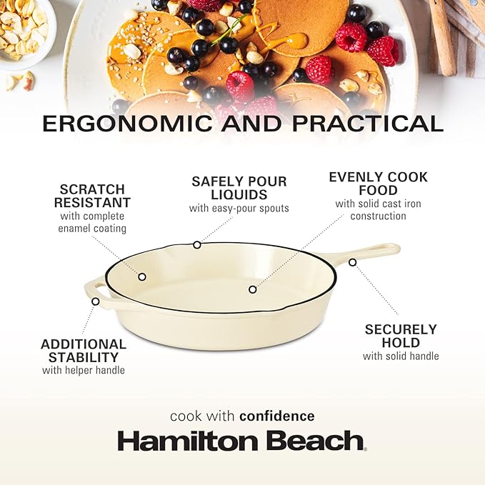 Hamilton Beach Enameled Cast Iron Fry Pan 12-Inch Cream, Cream Enamel Coating, Skillet Pan for Stove Top and Oven