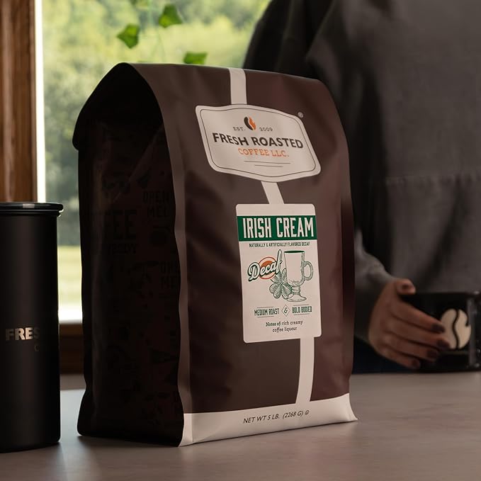 Fresh Roasted Coffee, Decaf Irish Cream Flavored Coffee, 5 lb (80 oz), Medium Roast, Kosher, Whole Bean