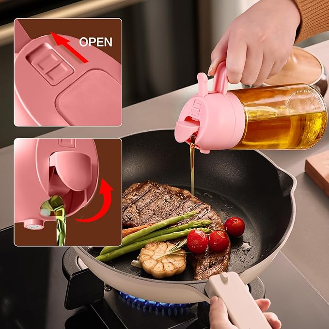 YARRAMATE 16oz/470ml Oil Sprayer for Cooking with Stickers, Food-grade Premium 2 in 1 Olive Oil Dispenser Bottle for Kitchen Gadgets, Air Fryer, Salad, Frying, BBQ (Pink)