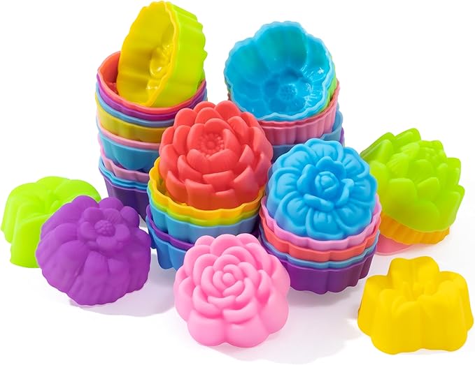 R HORSE Mini Silicone Cupcake Molds - 42Pcs 2 Inch Muti-color Flower-shaped Baking Cups, Reusable Non-Stick Muffin Baking Cups Cupcake Wrappers for Pudding Dessert Donut Oven Dishwasher Microwave Safe