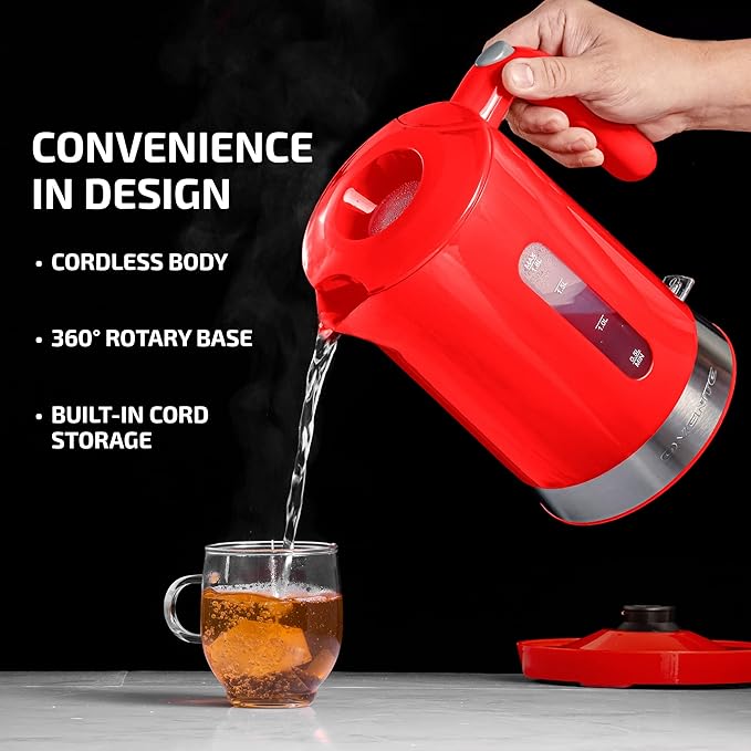 OVENTE 1.8L Electric Kettle, 1500W Fast Boiling Heater for Coffee or Tea, BPA Free, Easy to Fill Lid, Water Level Window, Auto Shut-Off, Boil-Dry Protection and Removable Filter, Red KP413R