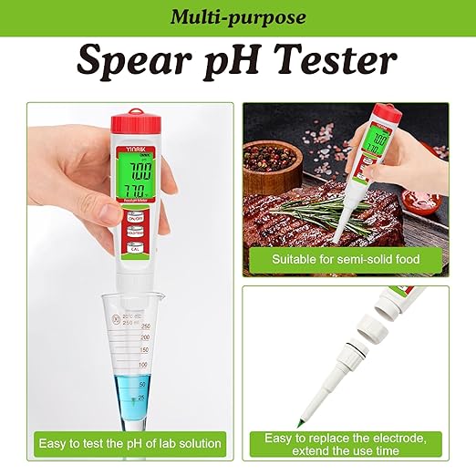 Digital Food pH Meter YINMIK pH Meter Food Fermentation with Calibration Solution Kit pH Test Strips for Food Spear Tip pH Meter Probe for Dough Sushi Rice Fermenting Sausage Meat Soap Cheese …