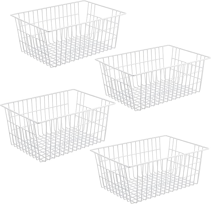 iPEGTOP Wire Storage Freezer Baskets, Set of 4 Large 15.4" Farmhouse Organizer Storage Bins Fridge Basket Rack with Handles for Kitchen Cabinets, Pantry, Office, Bathroom Organization - White