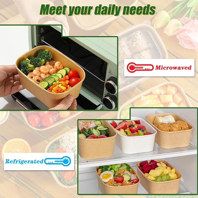 50-Pack 35oz Disposable Kraft Paper Bowls【with Lids and Forks】, Large Meal Prep Containers To Go Food Prep Containers, Leakproof Paper Bowls Treat Soup Serving Bowl, Microwave Safe for Hot/Cold Food