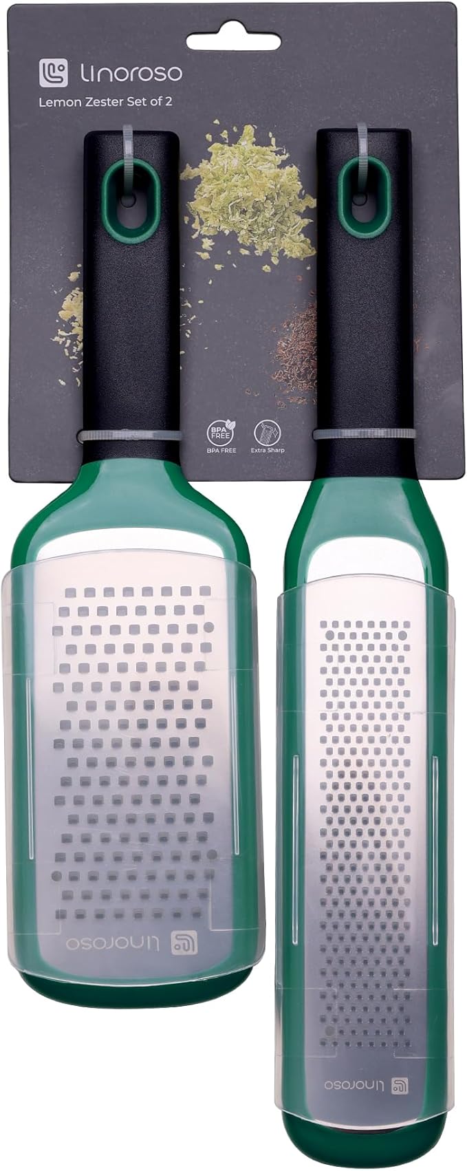 linoroso Lemon Zester & Cheese Grater Set of 2 - Kitchen Handheld Grater Tool for Cheese, Garlic, Ginger, Nutmeg, Chocolate, Fruits - Razor Sharp Stainless Steel Blade with Protective Cover