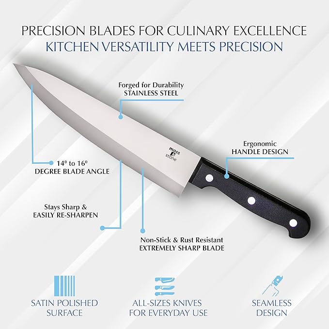Moss & Stone 14 Pcs Knife Block Set Stainless Steel, Premium Forged Kitchen Knives Set with High-Carbon Blades, Ergonomic Handle, Sharp Blade, Rust Resistant, Modern Style for Home & Chef, Black