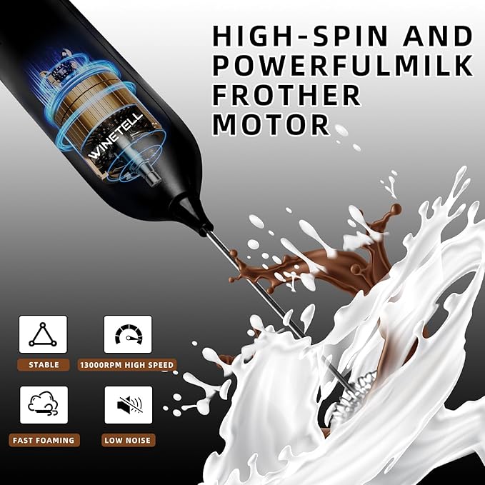 Rechargeable Electric Milk Frother Handheld, Coffee Frother with USB C Charging Stand, Powerful Frother Wand Whisk, Drink Mixer for Lattes, Hot Chocolate, Matcha, etc