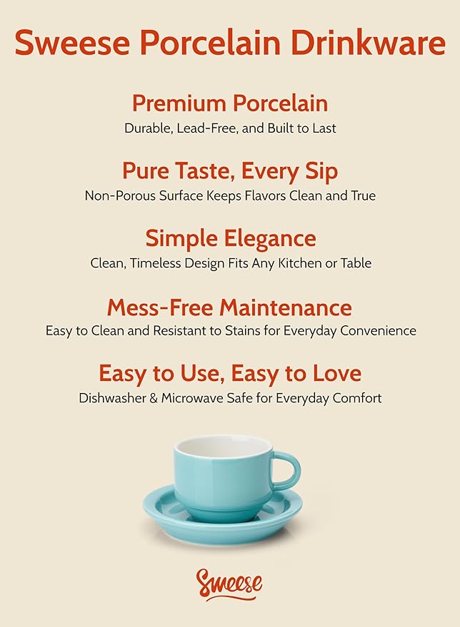 Sweese 4 Ounce Porcelain Stackable Espresso Cups with Saucers and Metal Stand Set of 4, Turquoise