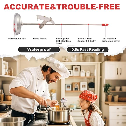 Candy Thermometer Waterproof IP67 - Oil Thermometer for Frying with Clips - 9" Side of Pot Thermometer Deep Fry for Oil Candy Candle BBQ (Silver 2 PCS, 9 inches)