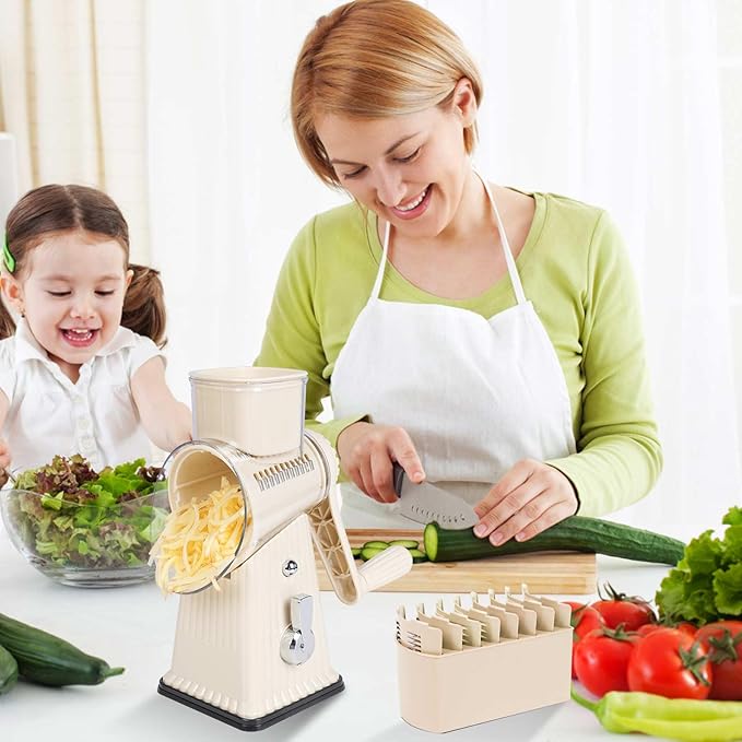 Manual Rotary Cheese Grater, White, 5-in-1 Vegetable Slicer with Suction Base, Stainless Steel Blades, Hand Crank Design for Kitchen