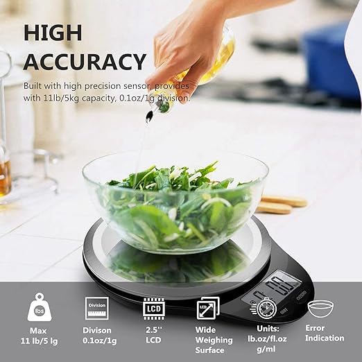 Food Scale, NUTRI FIT Digital Kitchen Scale Weight Grams and Ounces for Weight Loss, Accurate Cooking Baking Scale LCD Display Max 11lb 1g Increment with Wide Stainless Steel Platfrom, Black