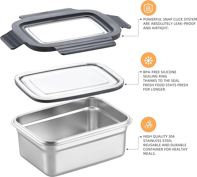 BEFOY Stainless Steel Food Storage Container with Lids Bento Lunch Box Leak Proof & Airtight for Kitchen Meal Prep freezer Reusable & Stackable Oven Dishwasher Safe (600 * 3)
