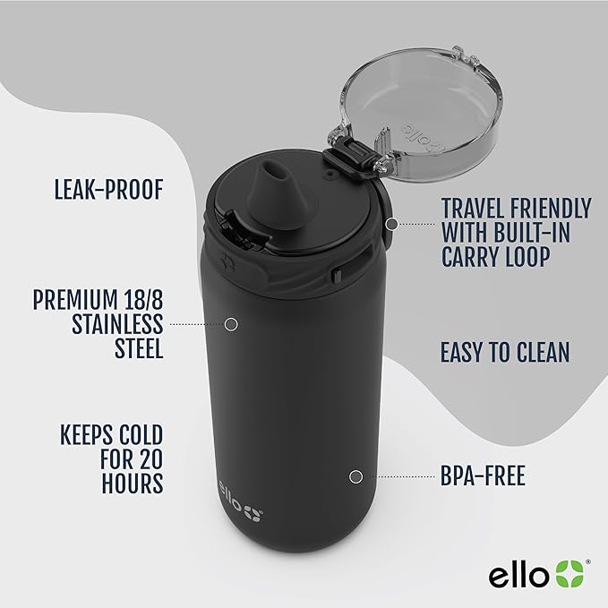 Ello Cooper 18oz Kids Stainless Steel Water Bottle Vacuum Insulated with Straw and Carry Handle, Leak Proof Locking Lid with Soft Silicone Spout, Fits Car Cupholder, Dishwasher Safe, Winter Solstice