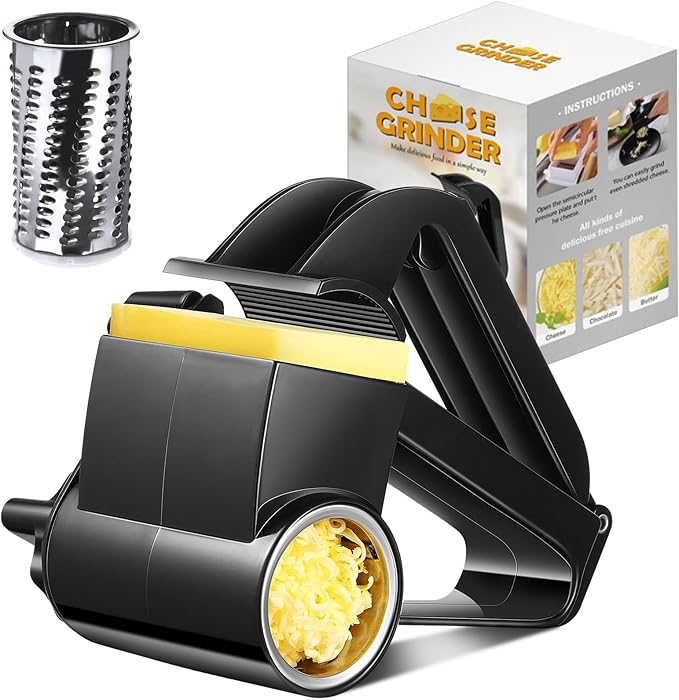 Boao Rotary Cheese Grater Manual Handheld Cheese Grater with Stainless Steel Drum for Grating Hard Chocolate Nuts Kitchen Tool(Black,1 Piece)