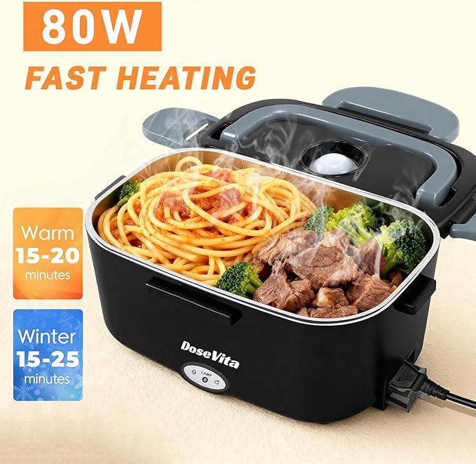 Electric Lunch Box for Adults, 80W Heated Lunch Box, 1.5L Stainless Steel Container | 12V/24V (Car/Truck) & 110V (Office/Home) | with Fork&Spoon and Insulated Carry Bag