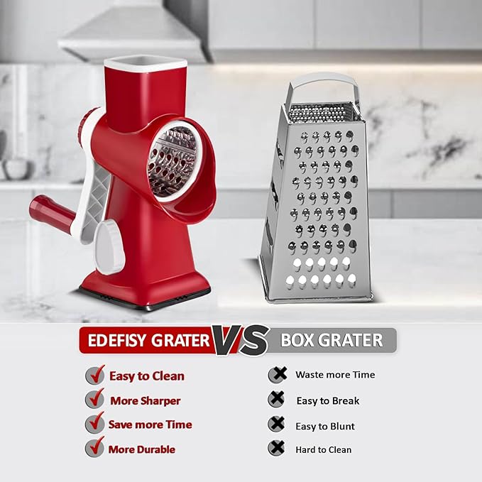 Chef Power 5 in 1 Rotatory Cheese Grater - Premium Quality Hand Cheese Grater With Handle - Food Chopper for Kitchen – (Red & White)