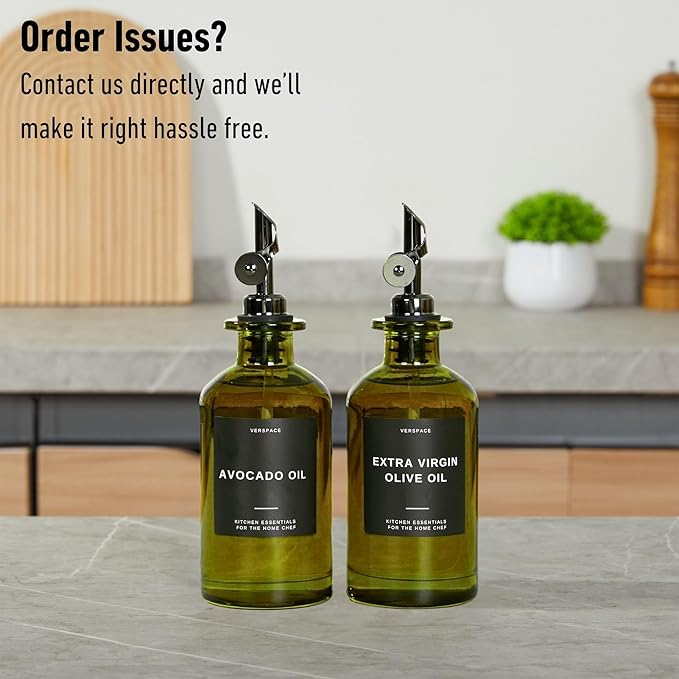 Green Glass Olive Oil Dispenser Bottles For Kitchen, Avocado Oil Dispenser Set, Modern Decor, Gold Kitchen Accessories for Home, Airbnb, Cafe (Black, Set of 2)