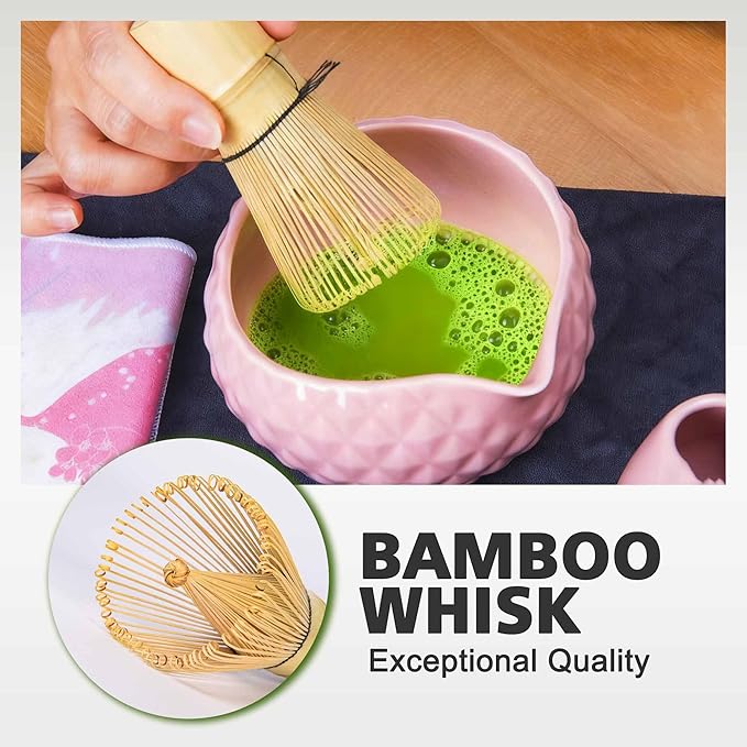Matcha Whisk Bowl Set, 7PCS All-in-One Japanese Tea Set Includes Matcha Bowl with Spout, Bamboo Whisk (Chasen) with Stand, Scoop, Sifter, Complete Kit for Ceremony, Gift for Matcha Tea Lovers（Pink)
