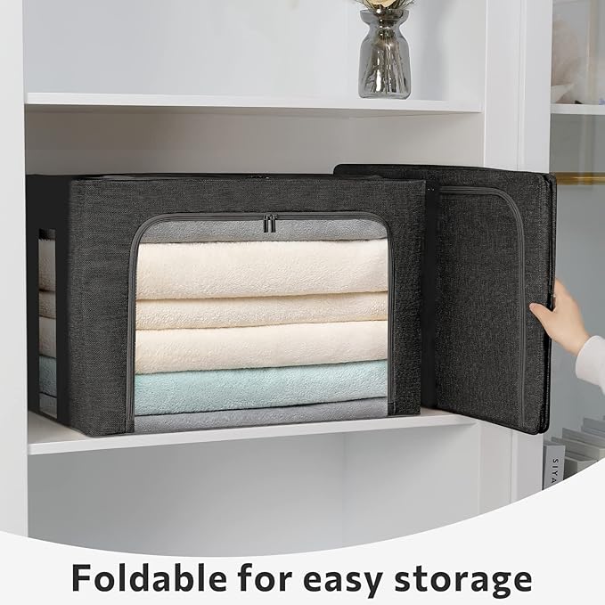 FHSQX 2 Pack Clothes Storage Bins Stackable Metal Frame Storage Box Foldable Linen Fabric Box Organizer with Carrying Handles and Clear Window (Black, 15.7x 11.8x 11.7 Inch)