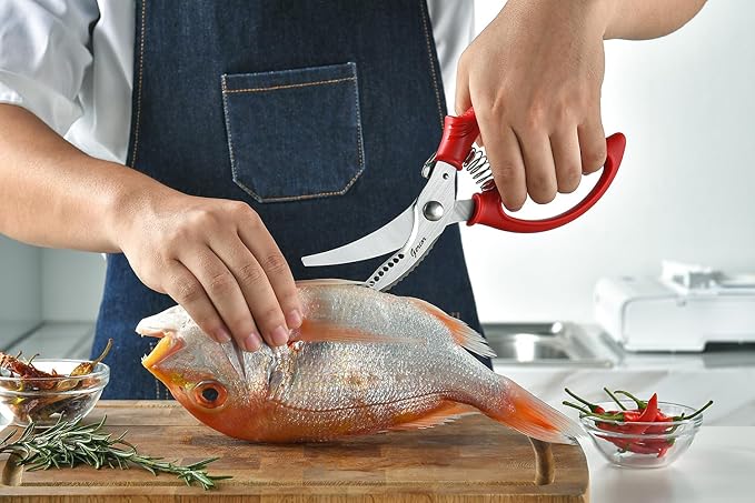 Heavy Duty Poultry Shears - Kitchen Scissors for Cutting Chicken, Poultry, Game, Meat - Chopping Vegetable - Spring Loaded - Red