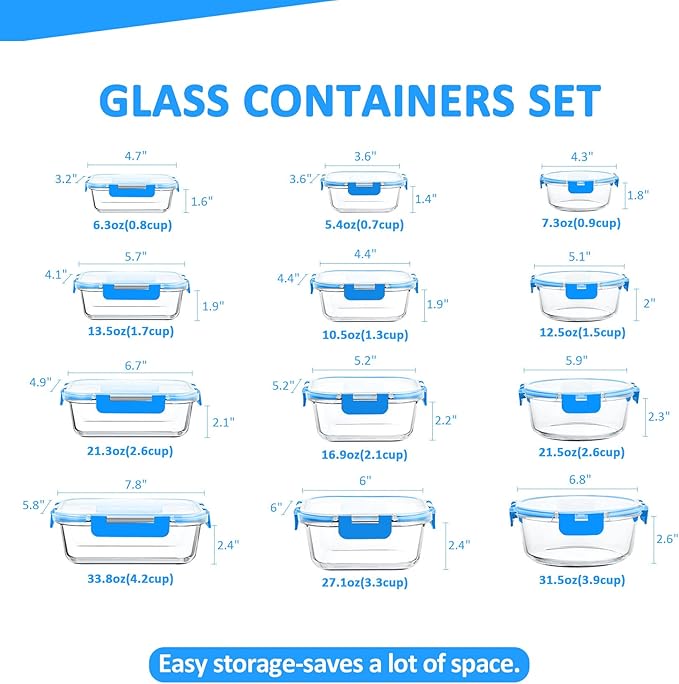 KOMUEE 24 Pieces Glass Food Storage Containers Set,Glass Meal Prep Containers-Stackable Airtight Glass Storage Containers with lids,Freezer, Microwave, Oven Safe,Blue