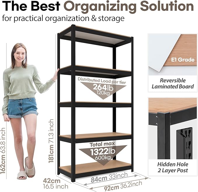 HOMEDANT House Black 5-Tier Laminated Metal Shelving Unit Adjustable Storage Utility Rack Heavy Duty Shelves Organization Shelf Kitchen Garage Pantry Closet 1Pack