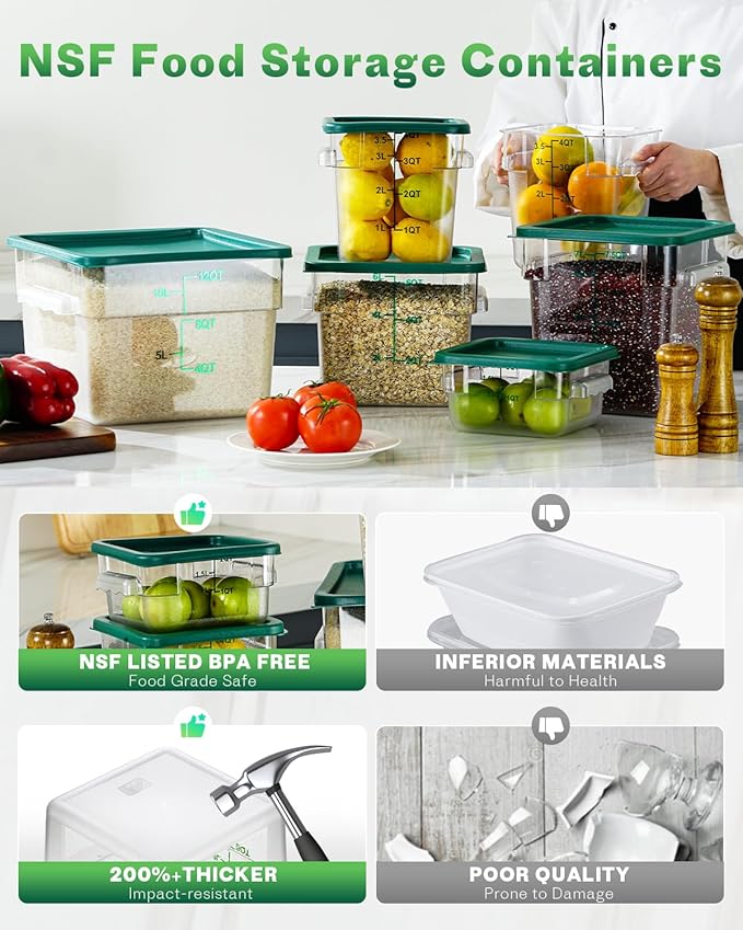 6QT NSF Food Storage Containers: 6PCS [Food Grade][Hot&Cold Resistant] Commercial Clear Food Storage Containers with Lids for Restaurant Kitchen Proof Dough, Measuring Spoons Included(GREEN N1)