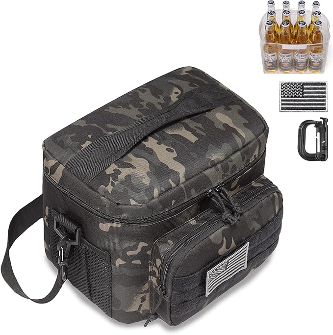 DBTAC Tactical Lunch Bag for Men Women, 12 Cans Insulated Lunch Box for Adult | 9L Leakproof Lunch Cooler Tote for Work Office Outdoor Travel | Soft Easy To Clean Liner x2, Black Camo