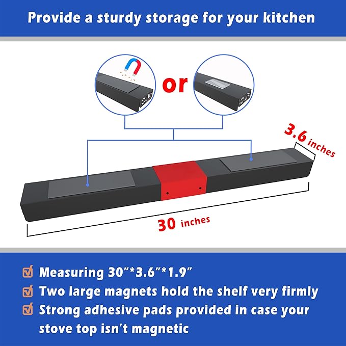 30" Magnetic Stove Top Shelf – Black Spice Rack with Red LOVE Design – Seasoning Organizer for Back of Stove – Over Stove Rack and Kitchen Storage Shelf