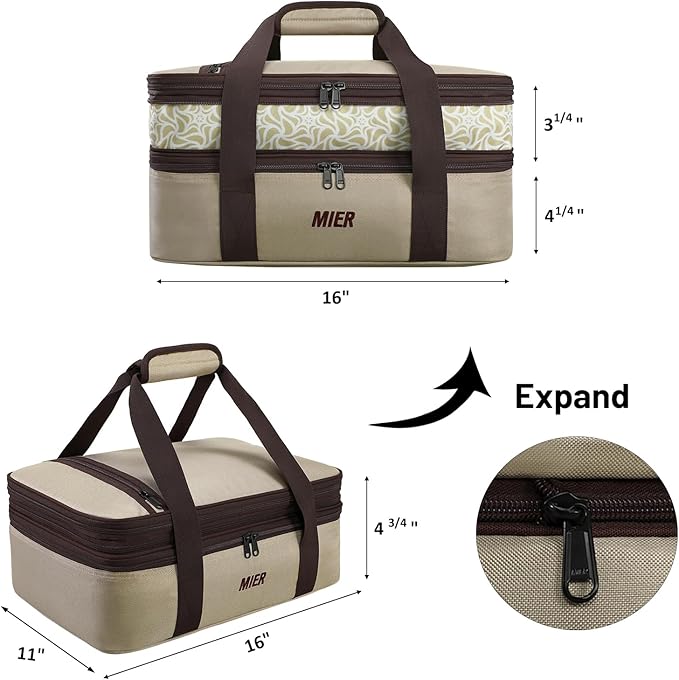 MIER Insulated Double Casserole Carrier Bag Thermal Lunch Tote for Lasagna Lugger, Potluck Parties, Picnic, Beach, Fits 9 x 13 Inches Baking Dish, Casserole Dish, Expandable by Mid Zipper, Khaki