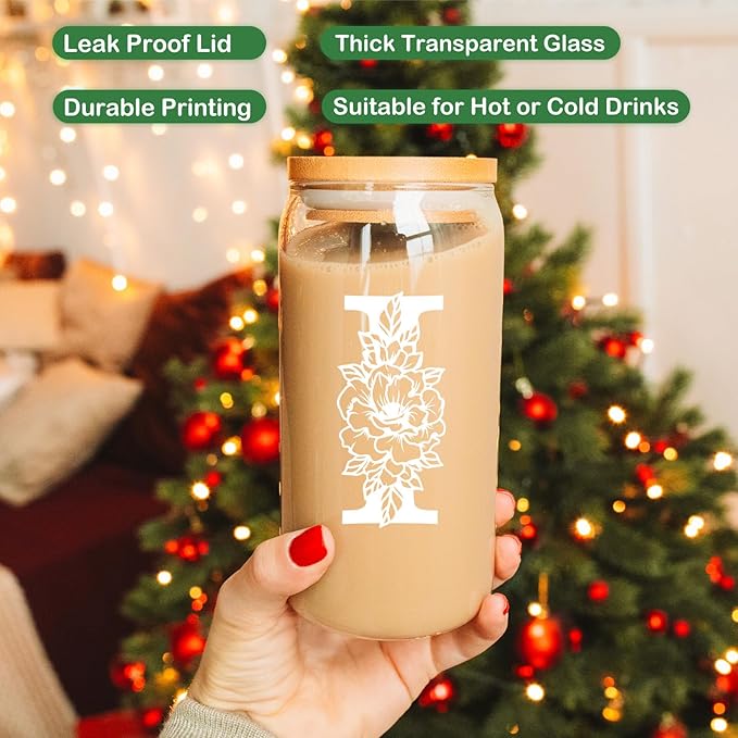 Coolife Initial Glass Cup, Monogrammed Gifts for Women, 16 oz Glass Cups w/Lids Straws, Iced Coffee Smoothie Beer Tumbler w/Straw Lid - Personalized Christmas, Birthday Gifts for Her Mom Friend Woman