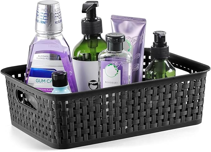 [ 12 Pack ] Plastic Storage Baskets, Small Pantry Organization and Storage Bins, Household Organizers for Laundry Room, Bathrooms, Kitchens, Cabinets, Countertop, Under Sink or Shelves, Black