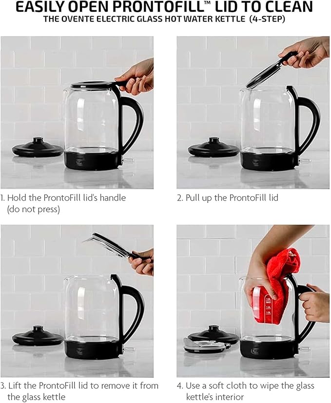 OVENTE 1.5L Electric Kettle and Coffee Beans Grinder Set, 1500W Fast Boiling Borosilicate Glass Water Heater and 2.5Oz Compact Grinding Mill with Stainless Steel Blade Combo, Black KG516B + CG225B