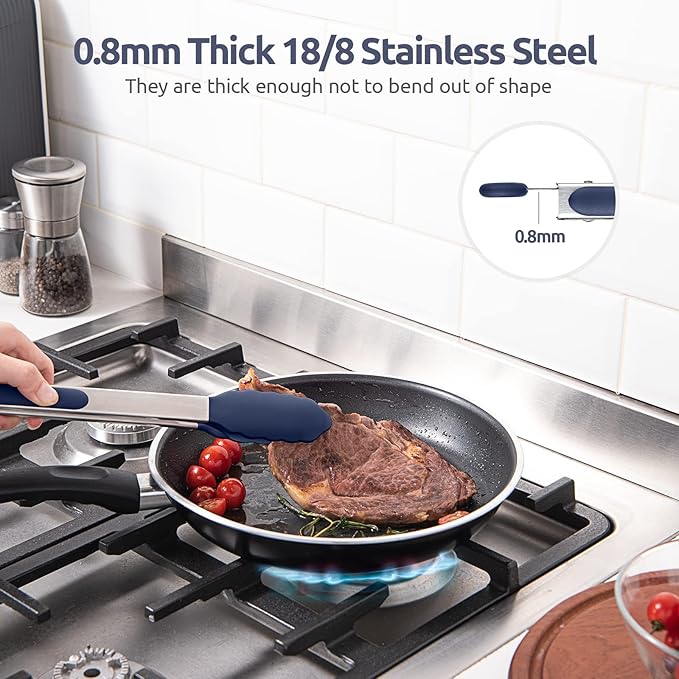 600ºF Heat Resistant Kitchen Tongs: U-Taste 12 inch Large Silicone Cooking Tong with Non Stick Rubber Tips & Silicon Coated 18/8 Stainless Steel Handle & Smooth Lock for Serving Grill (Midnight Blue)