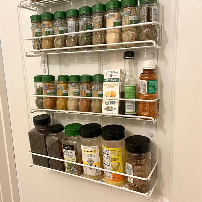 Evelots Over the Door Pantry Organizer -5 Tier Spice Rack -Holds up to 40 Spices & More - Adjustable Metal Baskets for Kitchen, Bathroom Storage & Organization (White) Easy Install Extra Deep Baskets