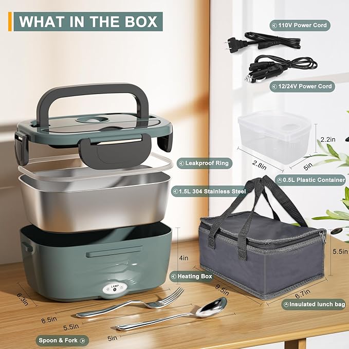 Monteka Electric Lunch Box Food Heater - Leakproof Portable Food Warmer heated lunch box for adults for Car/Home/Truck with 1.5L Removable Stainless Steel Container, 12V/24V/110V, Green