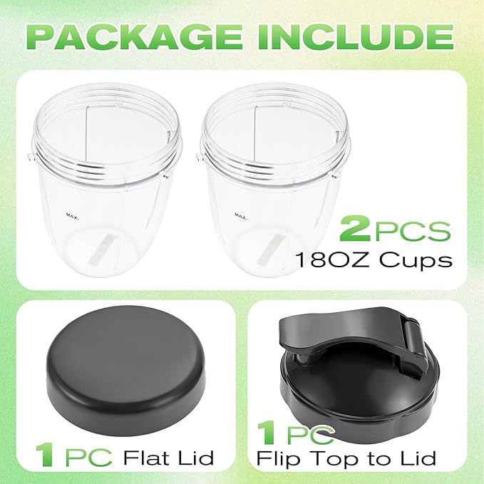 Blender Cups Replacement for Nutribullet Blender 18oz Cups with Flat Lid and Flip Top To Go Lid, Compatible with Nutribullet 600W/ 900W Blenders (2 Pack)