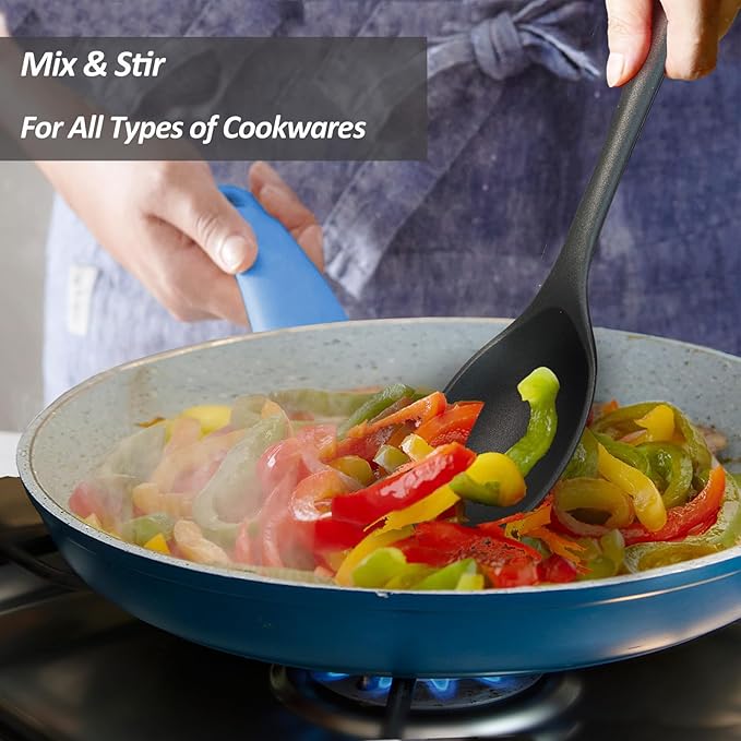 Silicone Spoons for Cooking - Extra Large Kitchen Spoons for Mixing, Serving, & Stirring - 600°F Heat-Resistant Non Stick Utensils Ladle - Dishwasher Safe, Solid,Black