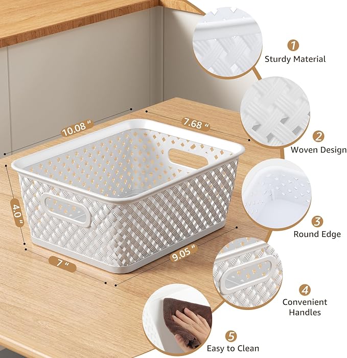 MaxGear 3 Pack Plastic Storage Bins, White Medium Size, Polypropylene Material, Lacquered Finish