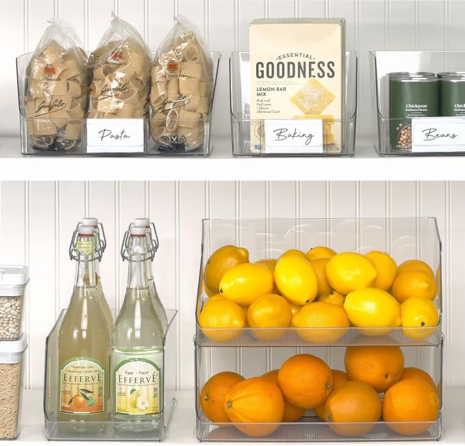 mDesign Extra Wide Stackable Plastic Food Storage Organizer Bin Basket with Open Front for Household Kitchen Cabinets, Pantry, Offices, Closets, Bedrooms, Bathrooms - 15.2" Wide, 2 Pack - Clear