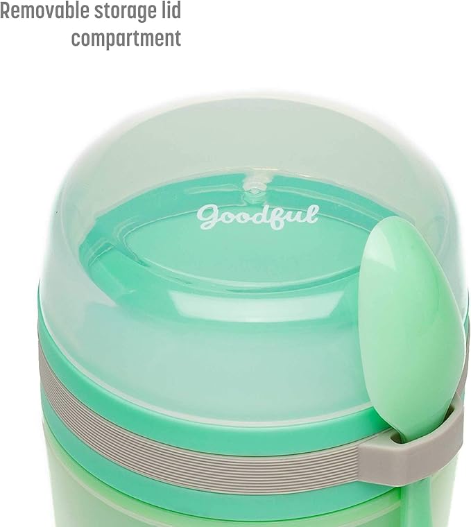 Goodful Double Wall Insulated Yogurt Container, Leak Proof Food Storage, Snack Container with Reusable Plastic Spoon, Microwave& Dishwasher safe, Freezer Safe, 14-Ounce, Green (Pack of 12)
