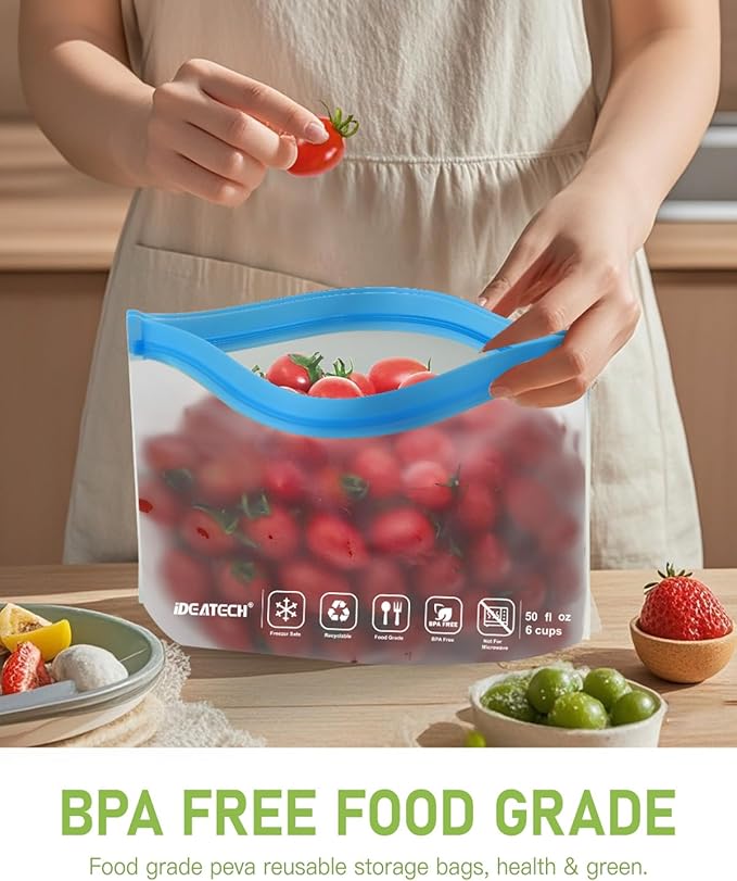 IDEATECH Quart Freezer Bags, BPA Free PEVA Reusable Sandwich Snack Bags, Quart Size Food Baggies Containers for Travel, Lunch, Healthy Food (10Pack-10Quart, Colored)