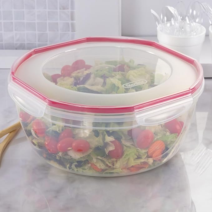 Sterilite Ultra-Seal 8.1 Qt Bowl, Large Airtight Food Storage Container, Latching Lid, Microwave and Dishwasher Safe, Clear With Red Gasket, 8-Pack