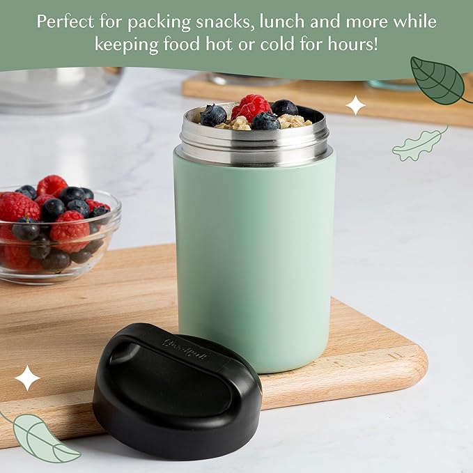 Goodful Stainless Steel Food Jar, Double Wall Vacuum Sealed Insulated Food Storage Container with Carry Handle Lid, 16-Ounce, Sage